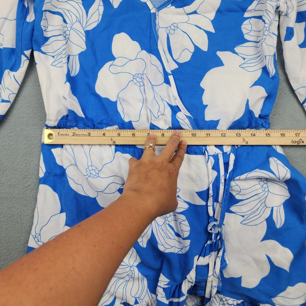 Ocean Drive Dress Womens Medium Blue Floral Wrap V Neck 3/4 Sleeve Ruffle Mini - Picture 8 of 10